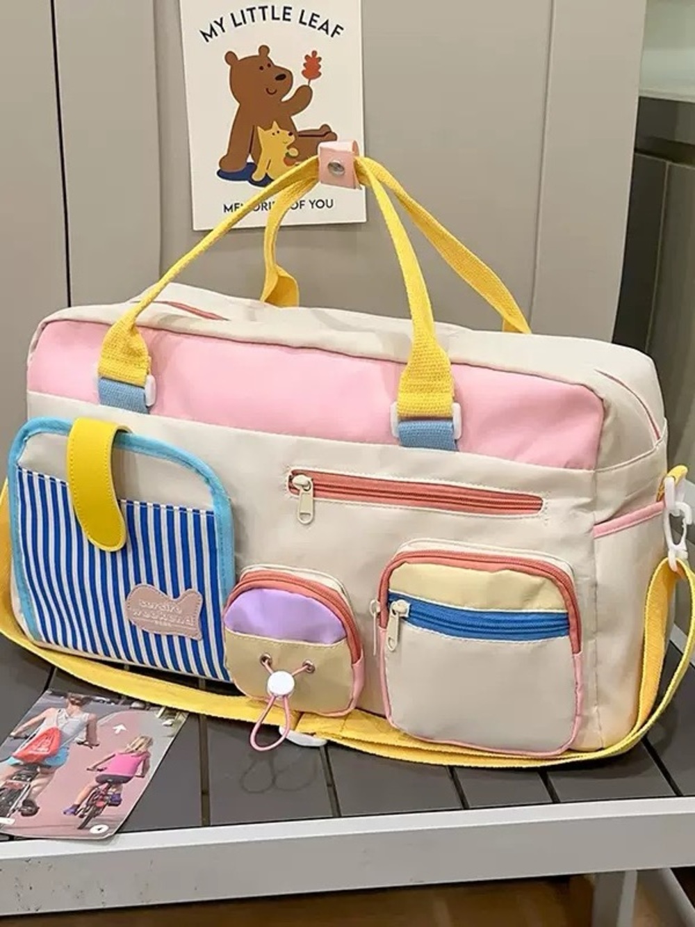 Nylon Multi-Pocket Weekend Bag - Pink and Cream